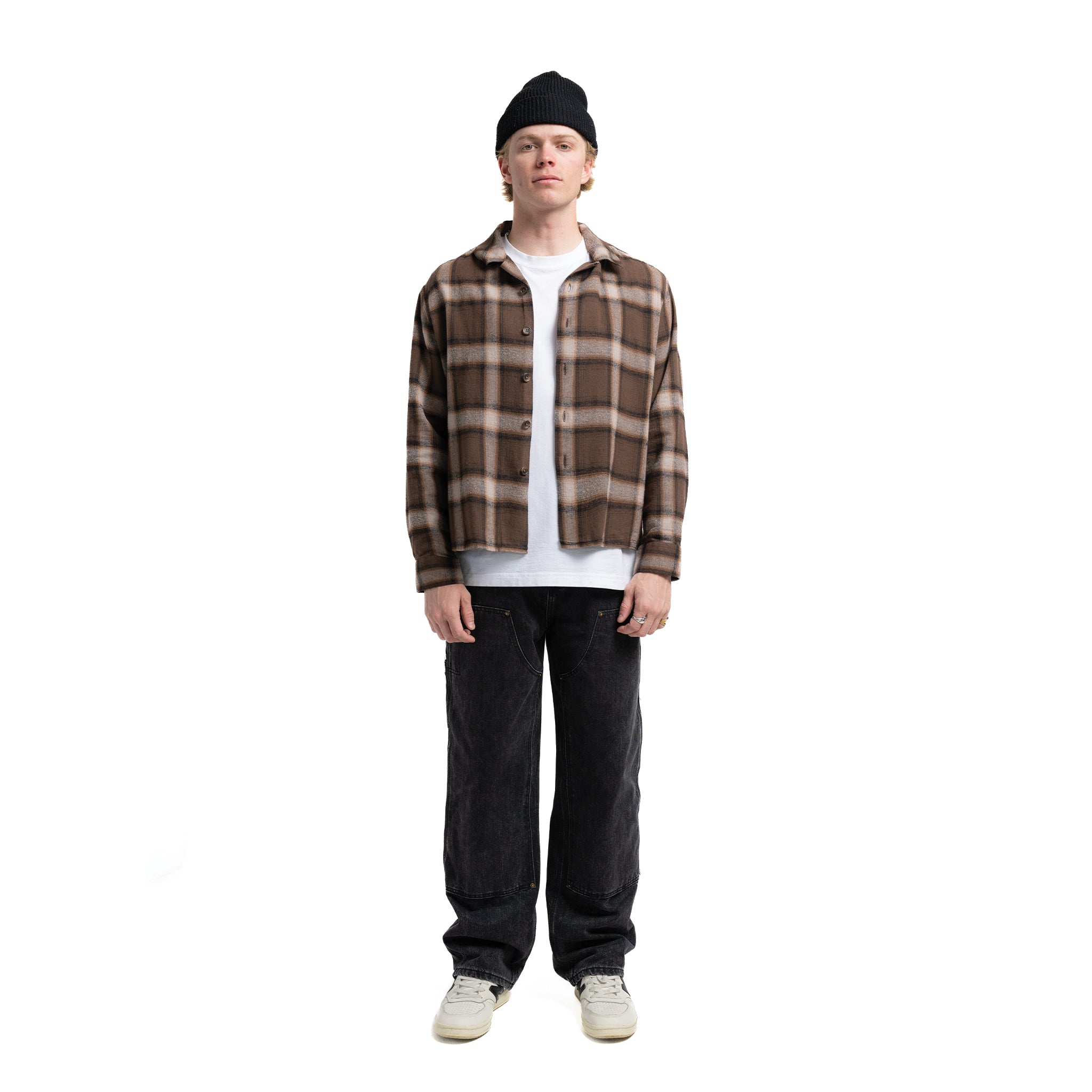 Cropped Open Collar Flannel Brown/Tan