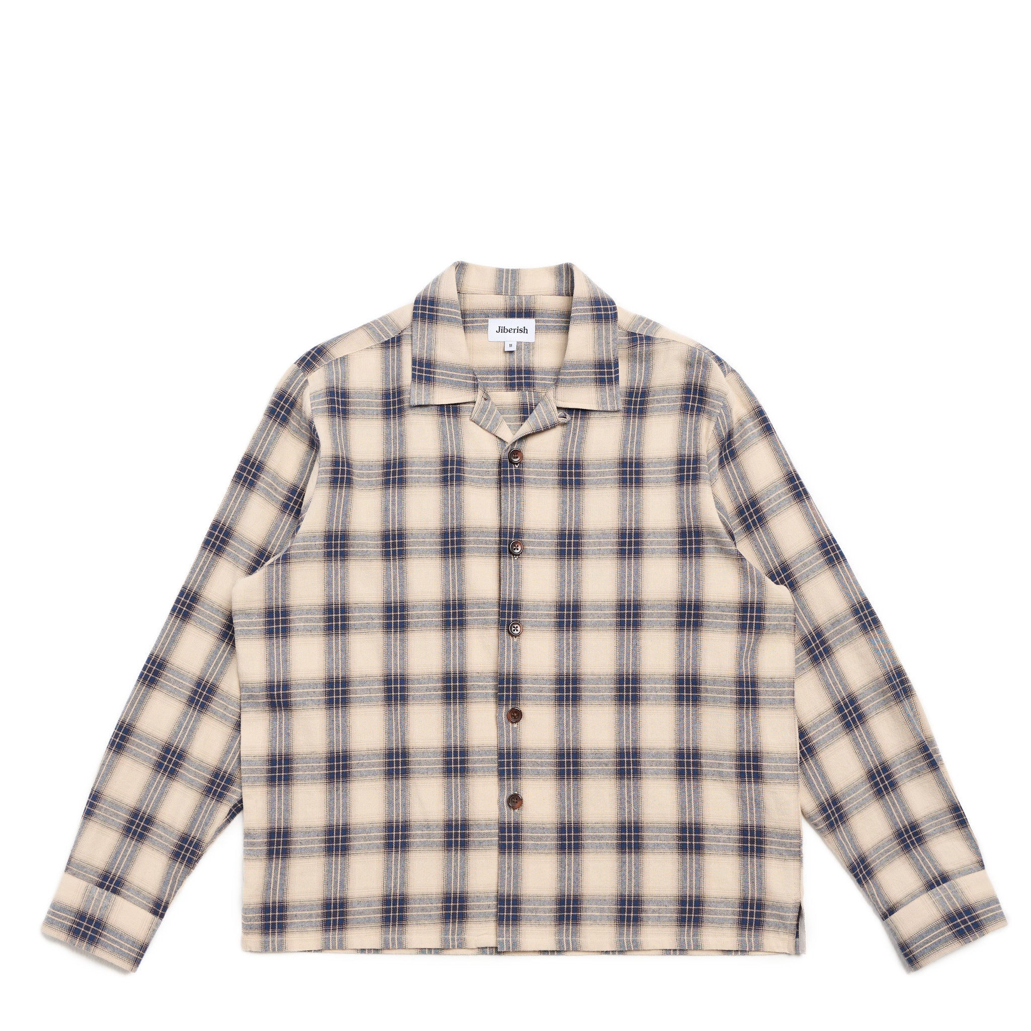 Cropped Open Collar Flannel Tan/Navy
