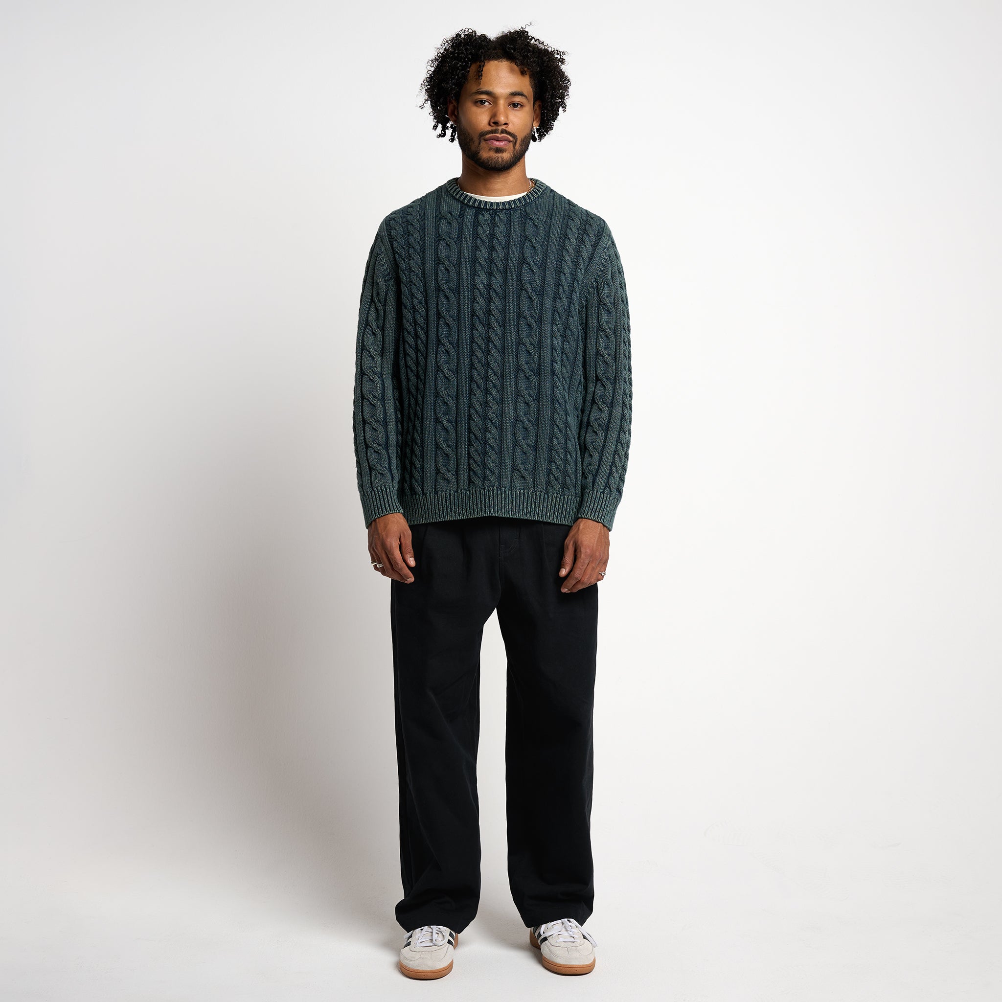 Acid Washed Cable Knit Sweater Emerald | Jiberish